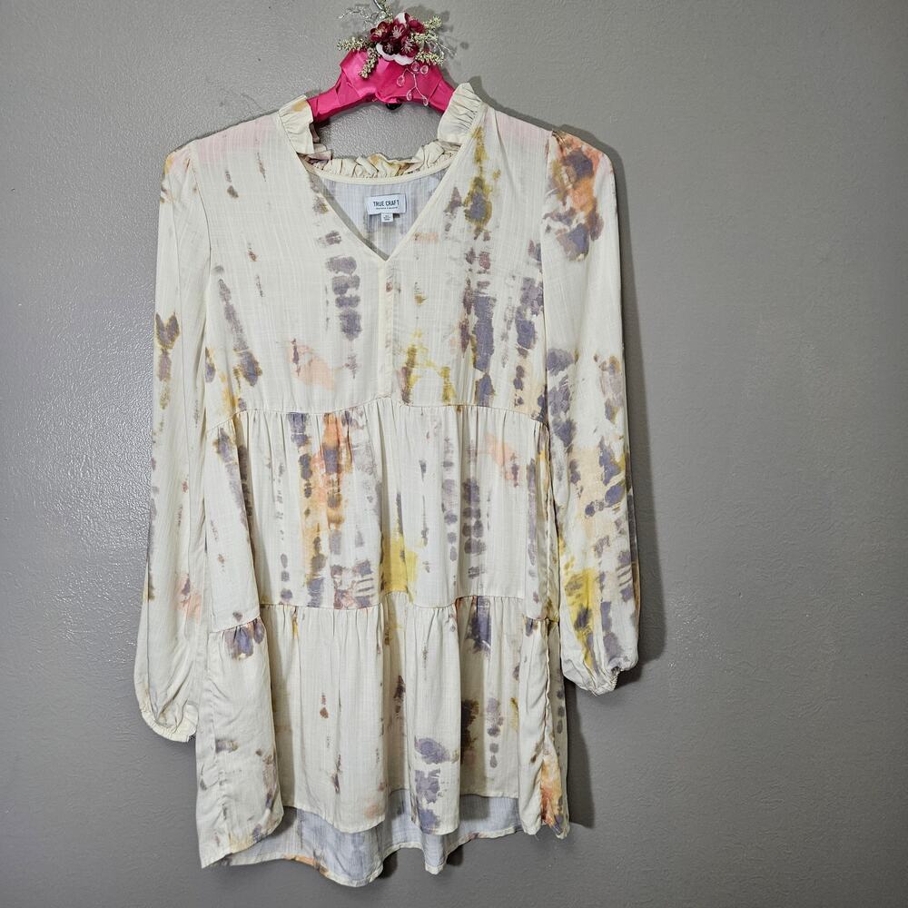 True Craft Tie Dye Tiered Babydoll Dress Size XS Long Sleeve Ruffle Neck Boho